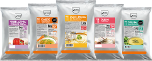 Five silver packaged seasoning products lined up: Gelatina sabor fresa, Caldo concentrado, Puré de Papas en Escamas, Pudín sabor coco y Crema de espárragos.