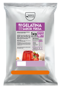 Pouch of strawberry-flavored gelatin mix (1 kg) with Macrofood logo and a red gelatin dessert image on the label.",