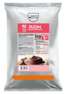 Silver bag of Macro Food Pudín Sabor Chocolate, 1 kg, front label includes spoon/fork icons and chocolate pudding image